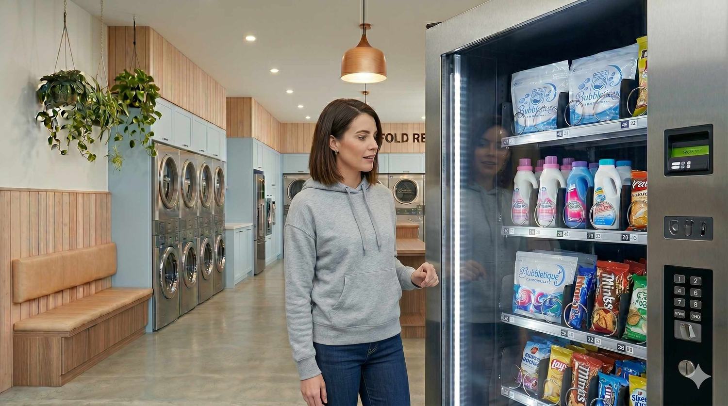 A customer choosing Bubbletique detergent and a snack from the in-store vending machine
